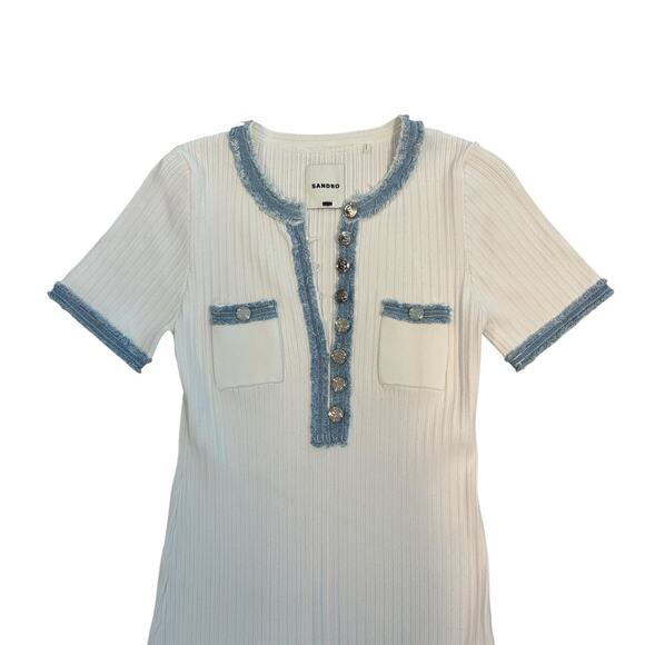 SANDRO ALECIA KNIT AND DENIM MIDI DRESS RIBBED NWOT- SIZE EU- 42/US-MEDIUM - Picture 3 of 14